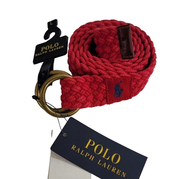 Polo Ralph Lauren Canvas Belt Mens Red Double D Ring Braided Size Medium - Picture 3 of 4